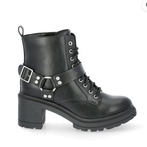 Black Women's Lace-Up Buckle Combat Boots Size 9